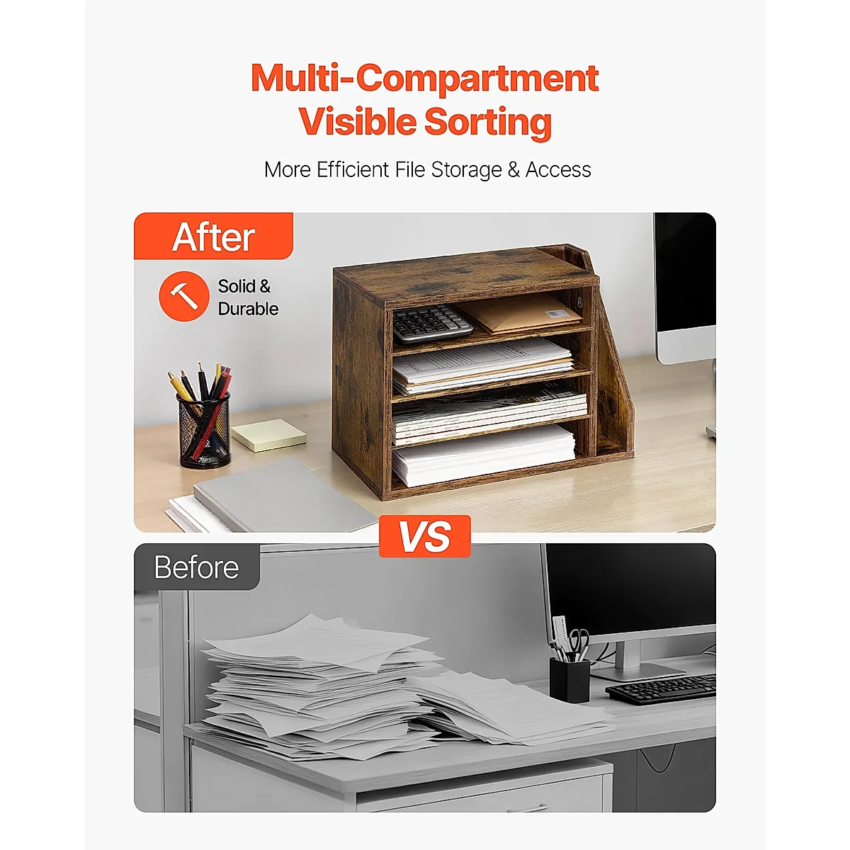 Literature Organizer, 4 Compartments Office Mailbox With Detachable Shelves, Wooden Mailbox Sorter With Side Vertical Storage, Countertop Office Home Organizer For File, Document, Paper, Brown - Image 4