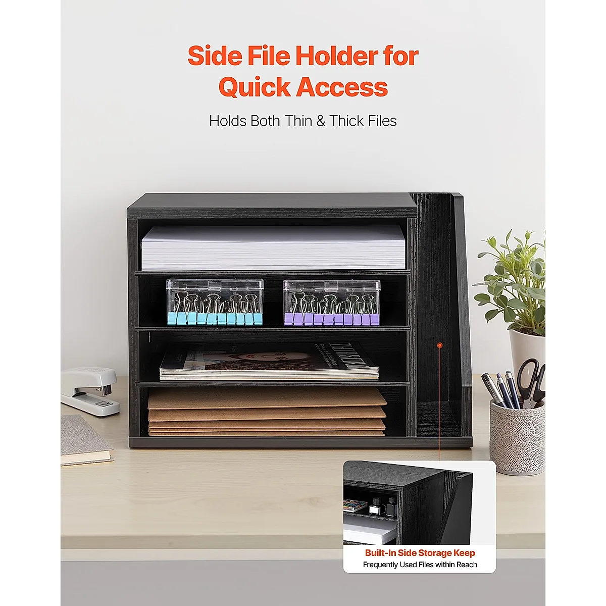 Literature Organizer, 4 Compartments Office Mailbox With Detachable Shelves, Wooden Mailbox Sorter With Side Vertical Storage, Countertop Office Home Organizer For File, Document, Paper, Black - Image 3