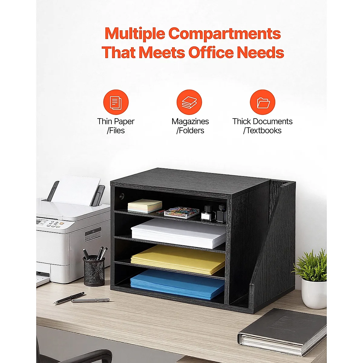 Literature Organizer, 4 Compartments Office Mailbox With Detachable Shelves, Wooden Mailbox Sorter With Side Vertical Storage, Countertop Office Home Organizer For File, Document, Paper, Black - Image 4