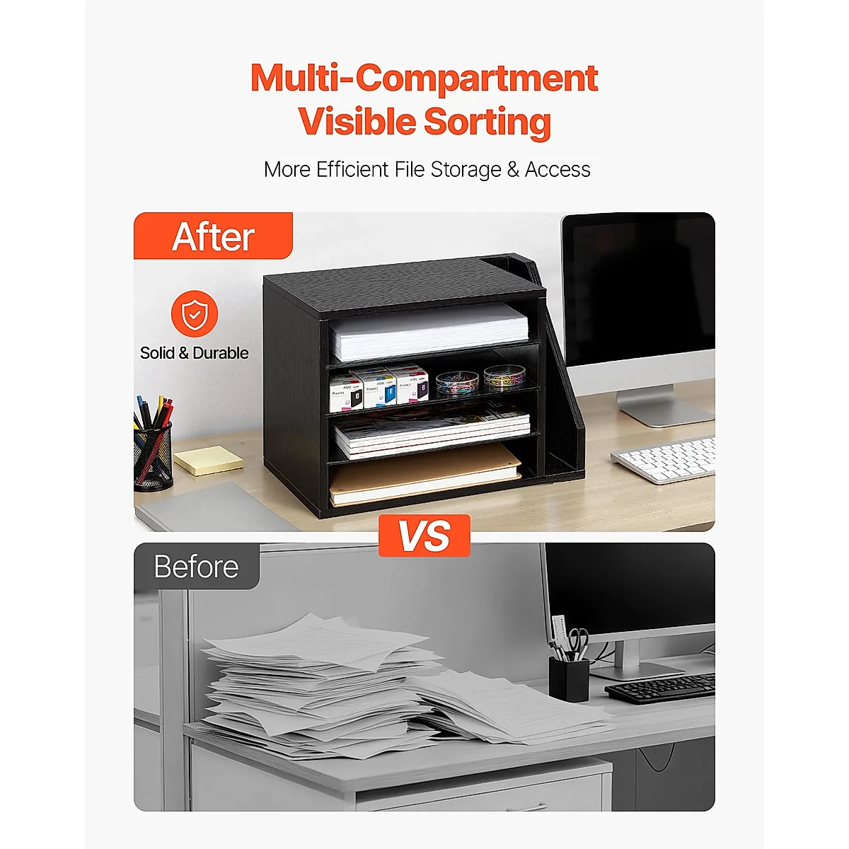 Literature Organizer, 4 Compartments Office Mailbox With Detachable Shelves, Wooden Mailbox Sorter With Side Vertical Storage, Countertop Office Home Organizer For File, Document, Paper, Black - Image 5
