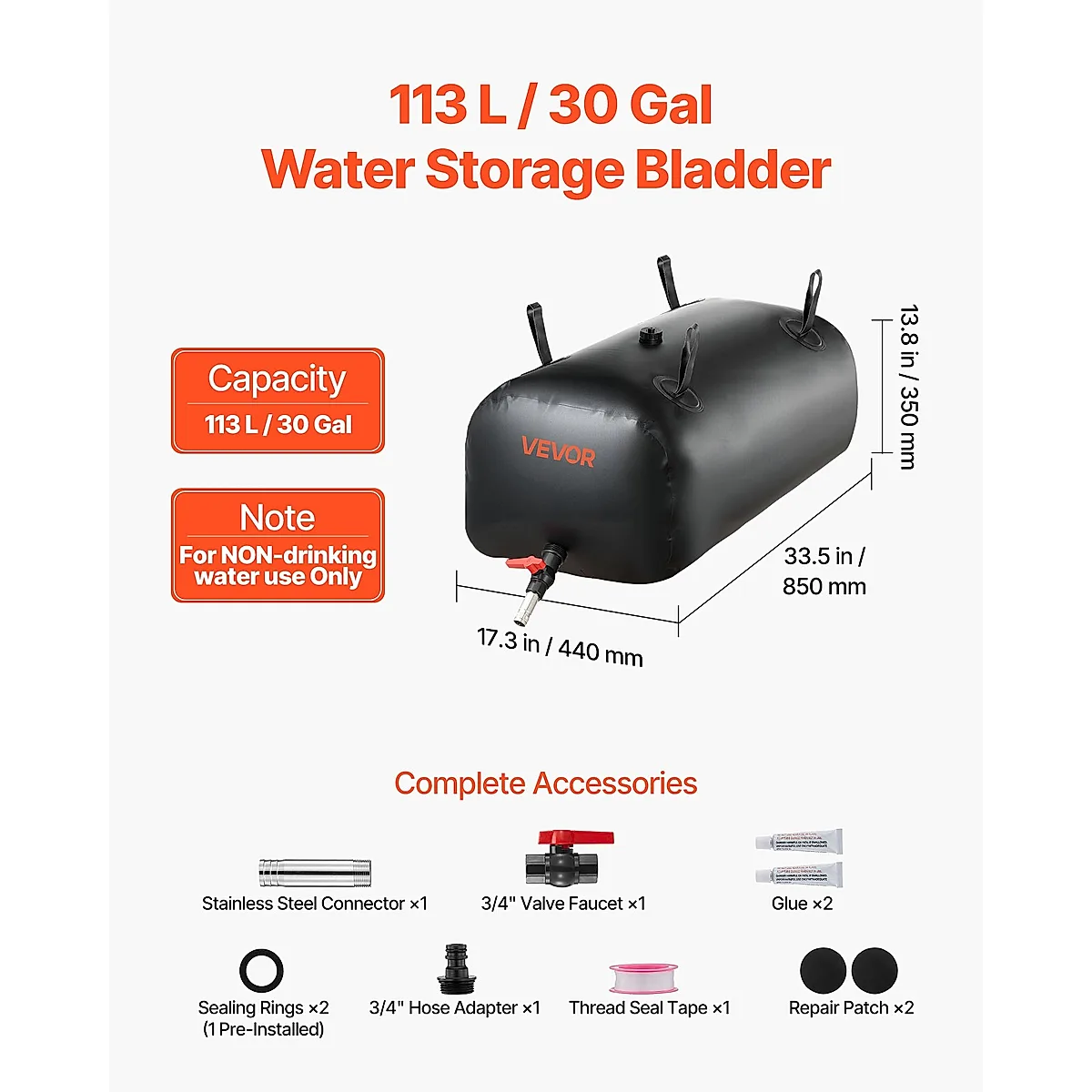 Water Storage Bladder, 30 Gal Collapsible Water Storage Bag, Wear-Resistant 1000D PVC Soft Waters Bag, Leakproof Camping Tank Containers For Garden Irrigation RV Emergency Use, Black - Image 2