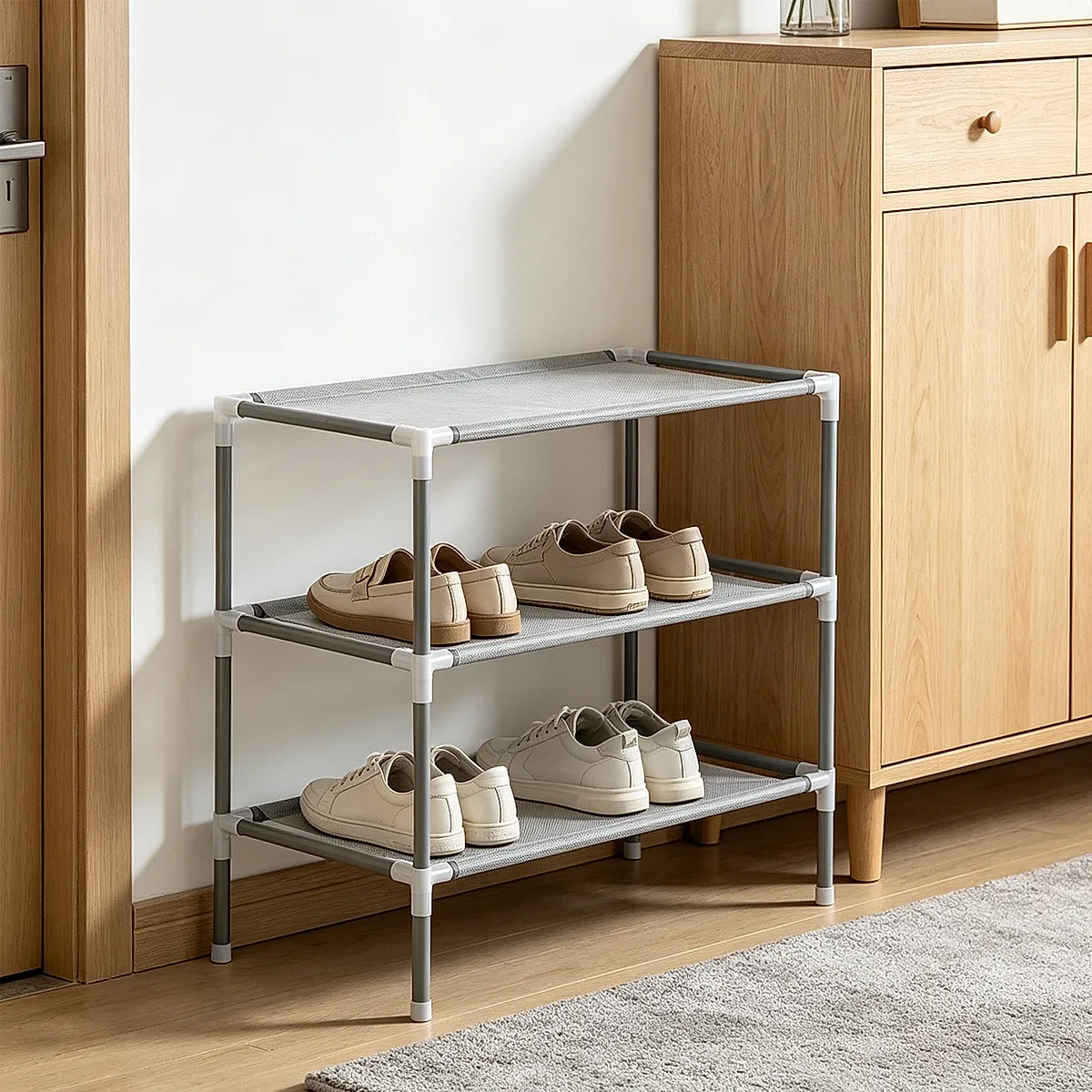 3 Tier Non Woven Fabric & Steel Shoe Rack,Stackable Shoe Rack Storage Shelves,Vertical Shoe Tower Stand,Space Saver Shoe Storage Shelf,with Metal Frame,for Bedroom Living Room Closet Hallway - Image 2