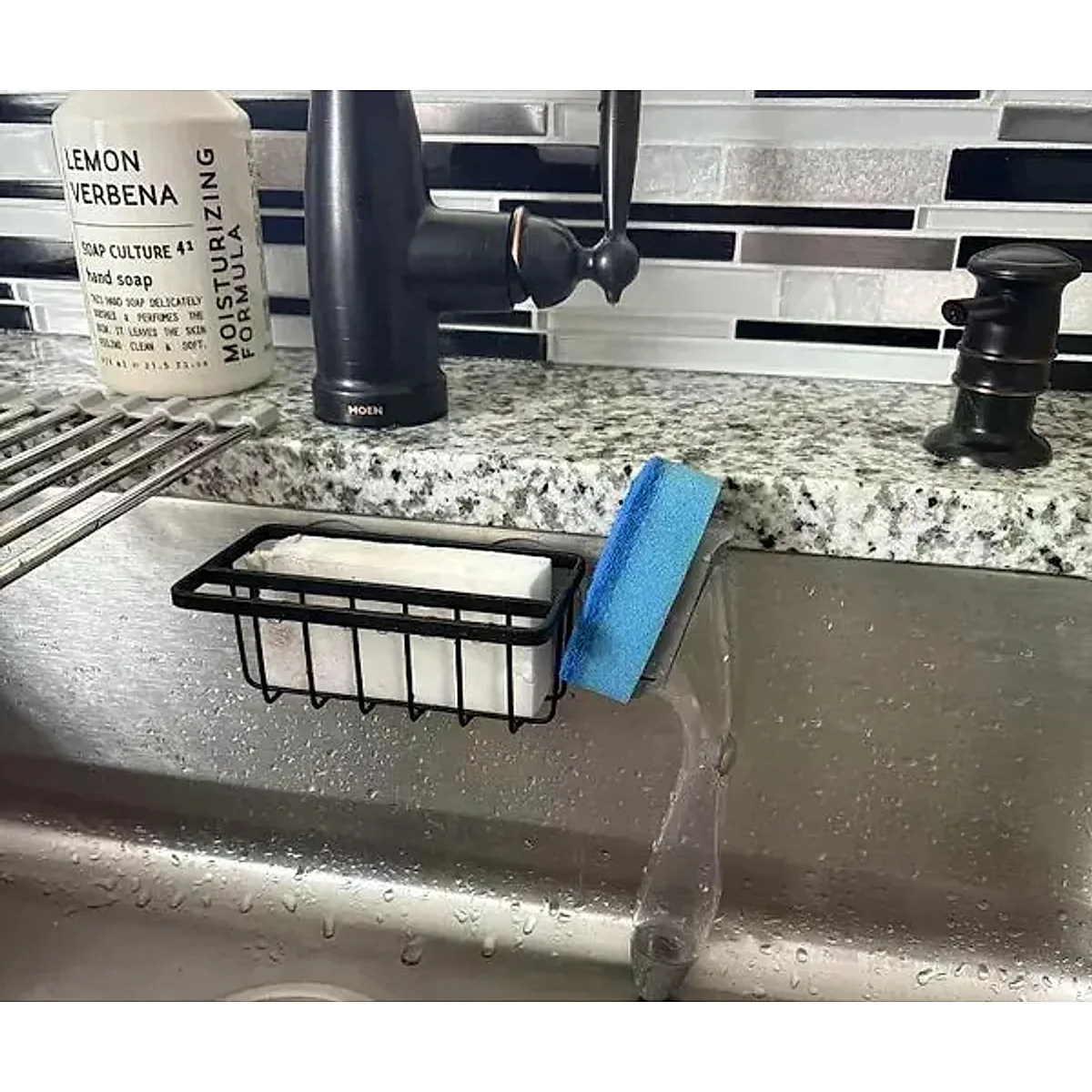 Small Steel Suction Sink Caddy With Rag Holder Black: Sponge Holder, Kitchen Storage, Matte Finish - Image 2