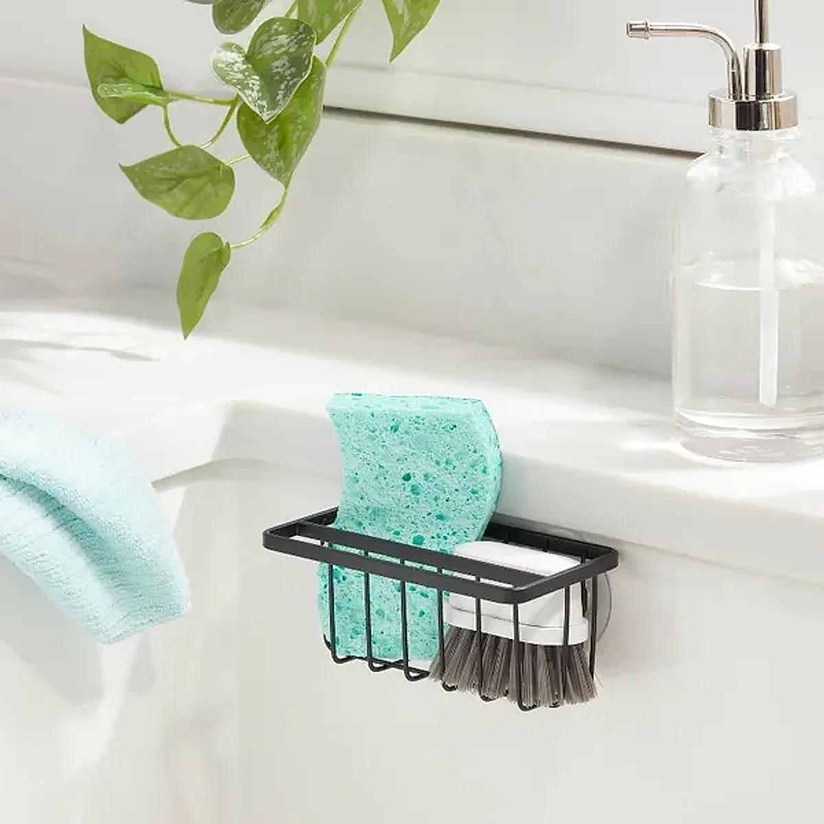 Small Steel Suction Sink Caddy With Rag Holder Black: Sponge Holder, Kitchen Storage, Matte Finish - Image 4