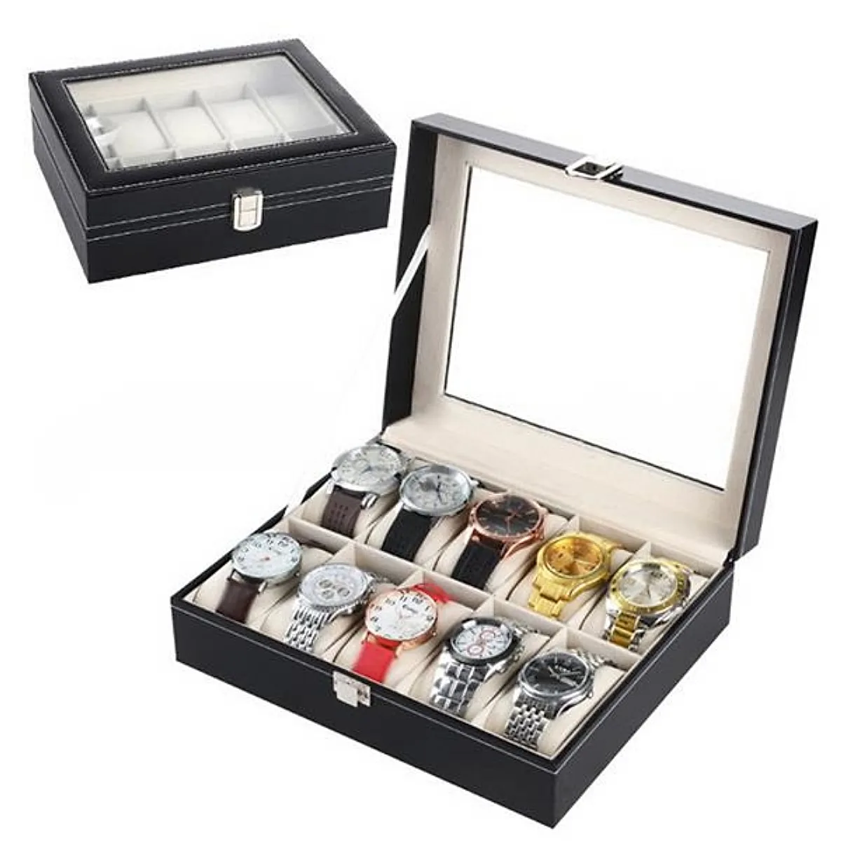 10 Compartments High-grade Leather Watch  Storage Box Black - Image 2