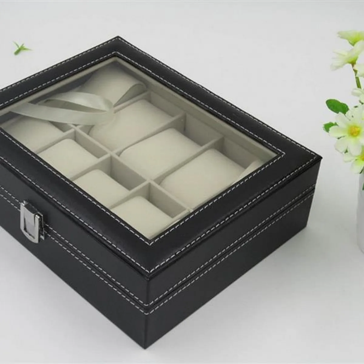 10 Compartments High-grade Leather Watch  Storage Box Black - Image 4