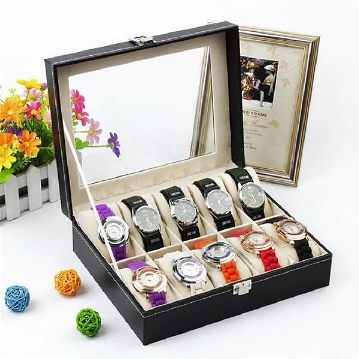 10 Compartments High-grade Leather Watch  Storage Box Black - Image 6