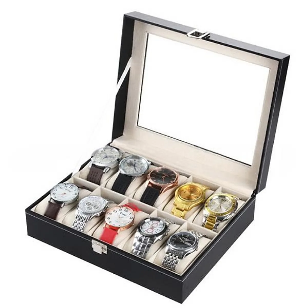 10 Compartments High-grade Leather Watch  Storage Box Black - Image 7