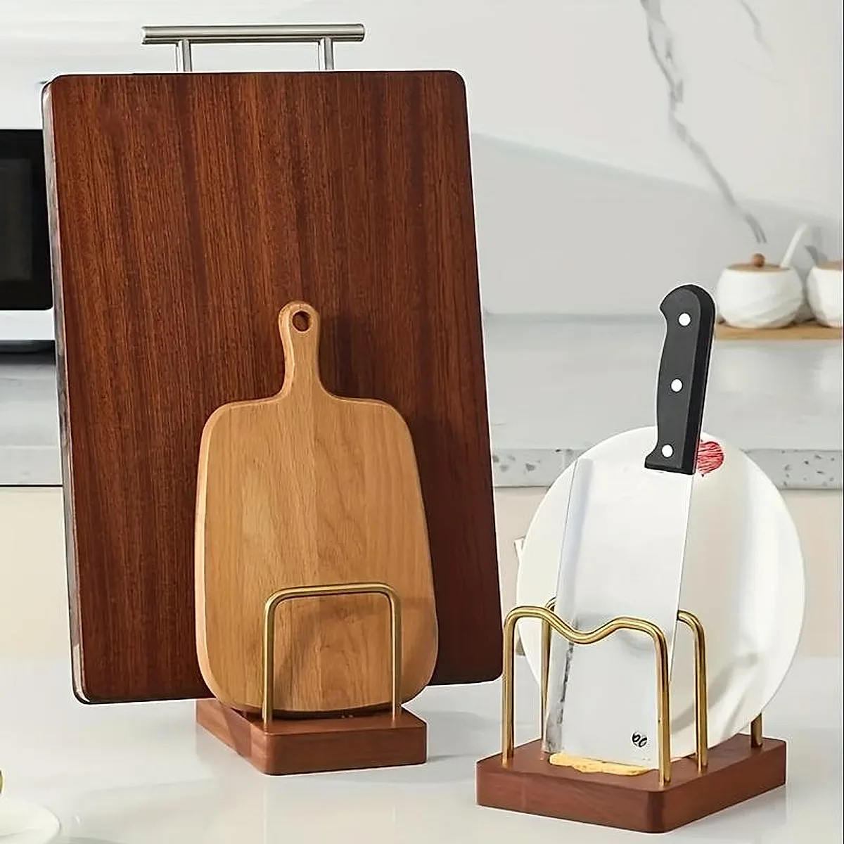 Set Of 2 Classic Solid Wood Kitchen Shelves Sturdy Top Shelf With Curved Slots Space-Saving Countertop Organizer - Image 8
