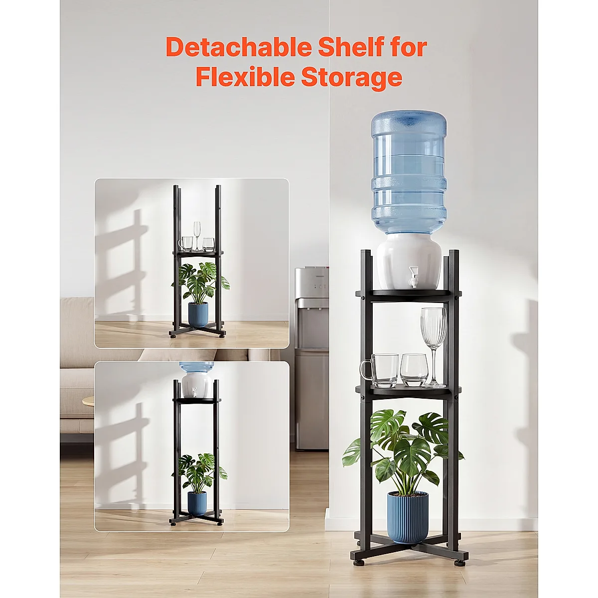 Water Dispenser Stand, 2 Tiers Water Jug Holder For 1 Bottle, Heavy Duty Jug Rack Organizer With Detachable Storage Shelf, Cross-Shaped Stable Base, For Kitchen, Office, Living Room, Black