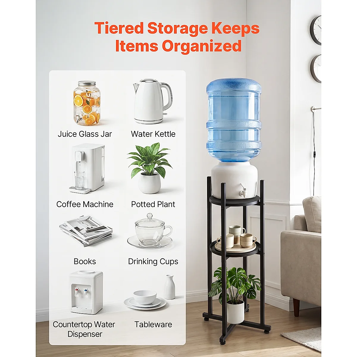 Water Dispenser Stand, 2 Tiers Water Jug Holder For 1 Bottle, Heavy Duty Jug Rack Organizer With Detachable Storage Shelf, Cross-Shaped Stable Base, For Kitchen, Office, Living Room, Black - Image 2