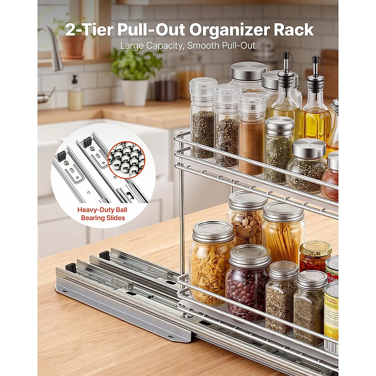 Pull Out Spice Rack Organizer For Cabinet, 2 Tier Slide Out Spice Rack Organizer, Heavy Duty Metal Seasoning Kitchen Basket For Inside Cabinets & Pantry Closet, 4.33"W X 8.46"D X 10.43"H, Silver