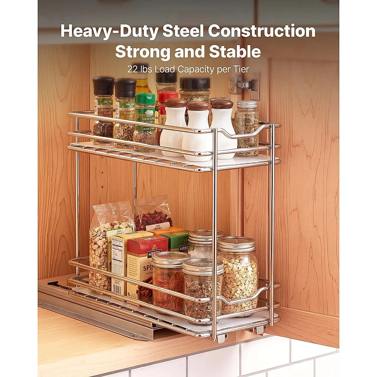 Pull Out Spice Rack Organizer For Cabinet, 2 Tier Slide Out Spice Rack Organizer, Heavy Duty Metal Seasoning Kitchen Basket For Inside Cabinets & Pantry Closet, 4.33"W X 8.46"D X 10.43"H, Silver - Image 2