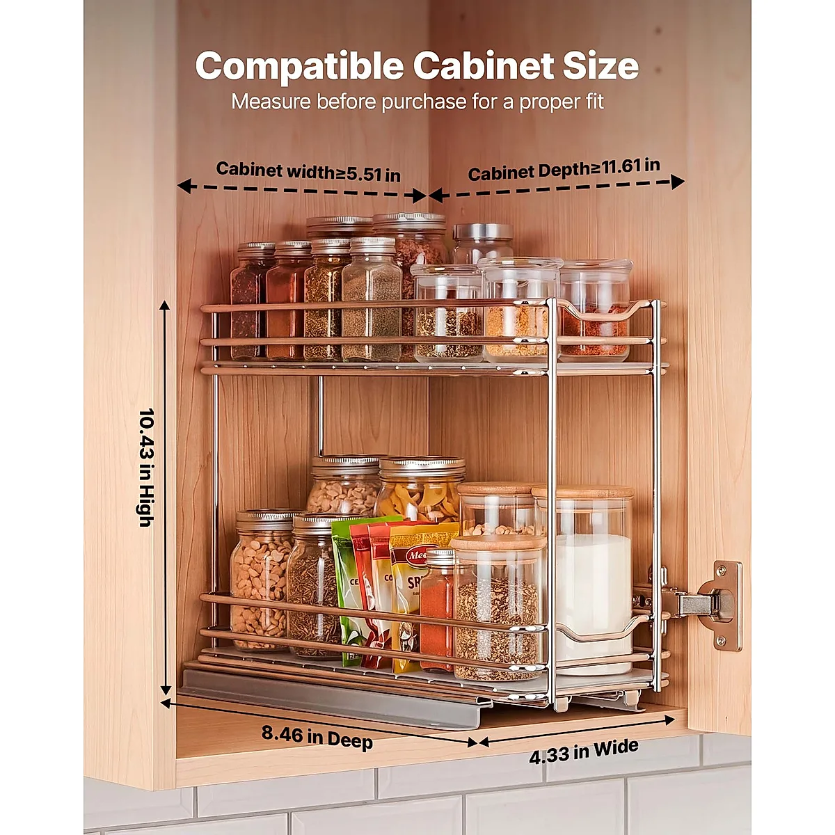 Pull Out Spice Rack Organizer For Cabinet, 2 Tier Slide Out Spice Rack Organizer, Heavy Duty Metal Seasoning Kitchen Basket For Inside Cabinets & Pantry Closet, 4.33"W X 8.46"D X 10.43"H, Silver - Image 5