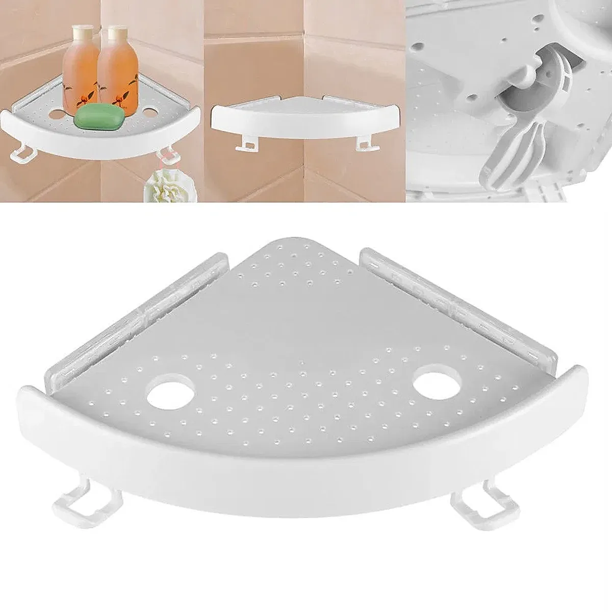 Bathroom Wall Corner Shelf Organizer, Kitchen Corner Storage Rack Non-Marking Shelf with Hooks, Easy to Install (White, One Size) - Image 4