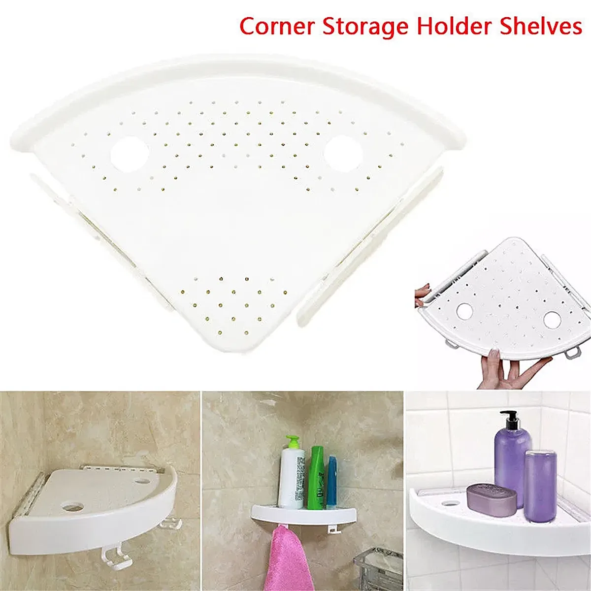 Bathroom Wall Corner Shelf Organizer, Kitchen Corner Storage Rack Non-Marking Shelf with Hooks, Easy to Install (White, One Size) - Image 6