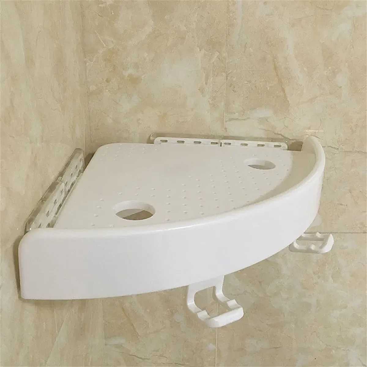 Bathroom Wall Corner Shelf Organizer, Kitchen Corner Storage Rack Non-Marking Shelf with Hooks, Easy to Install (White, One Size) - Image 7
