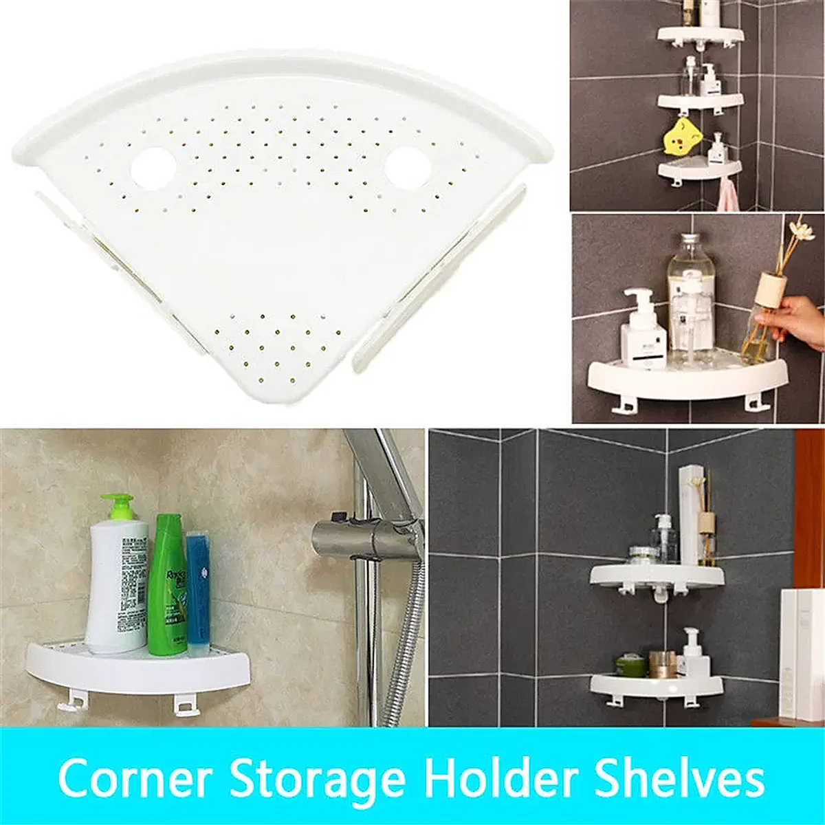 Bathroom Wall Corner Shelf Organizer, Kitchen Corner Storage Rack Non-Marking Shelf with Hooks, Easy to Install (White, One Size) - Image 8