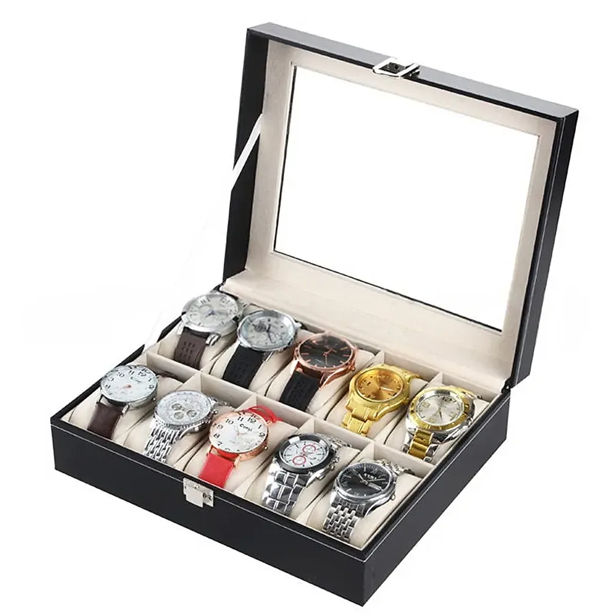 10 Compartments High-grade Leather Watch Collection Storage Box Black - Image 3