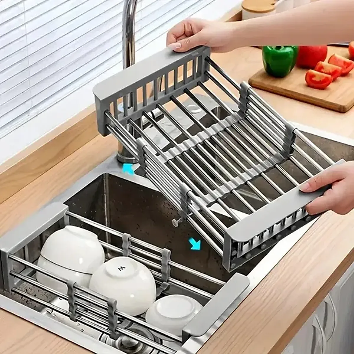 Adjustable Immersion Sink Dish Drying Rack With Stainless Steel Drain Basket - Portable And Retractable Space-Saving Fruit And Vegetable Solution(UPS/UPS logistics delivery supports self-pickup)