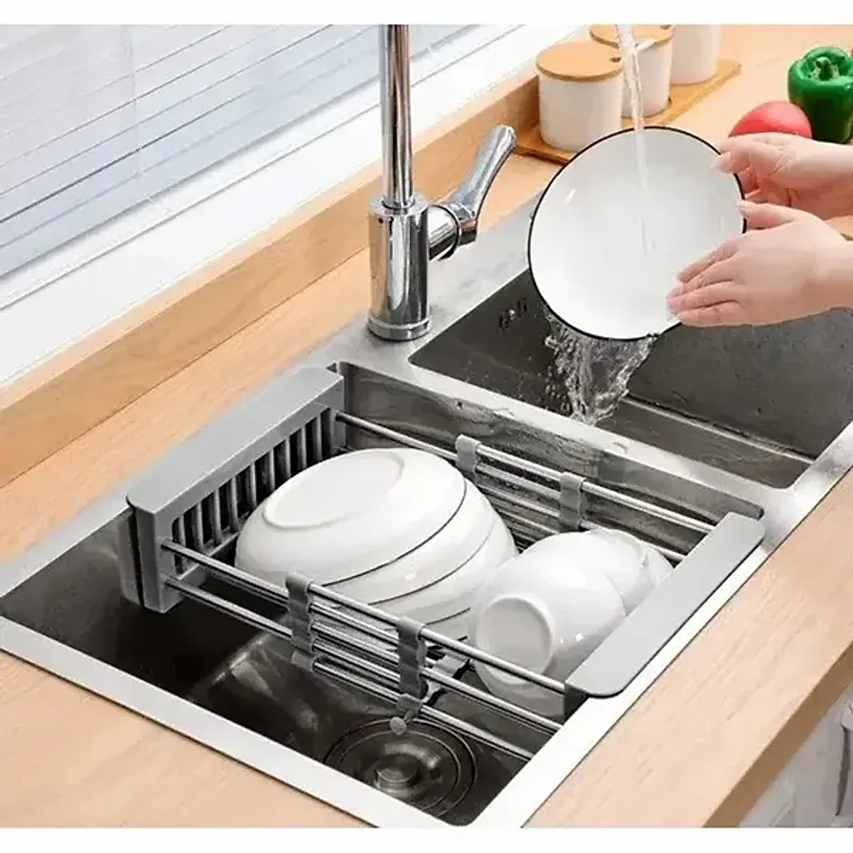 Adjustable Immersion Sink Dish Drying Rack With Stainless Steel Drain Basket - Portable And Retractable Space-Saving Fruit And Vegetable Solution(UPS/UPS logistics delivery supports self-pickup) - Image 4
